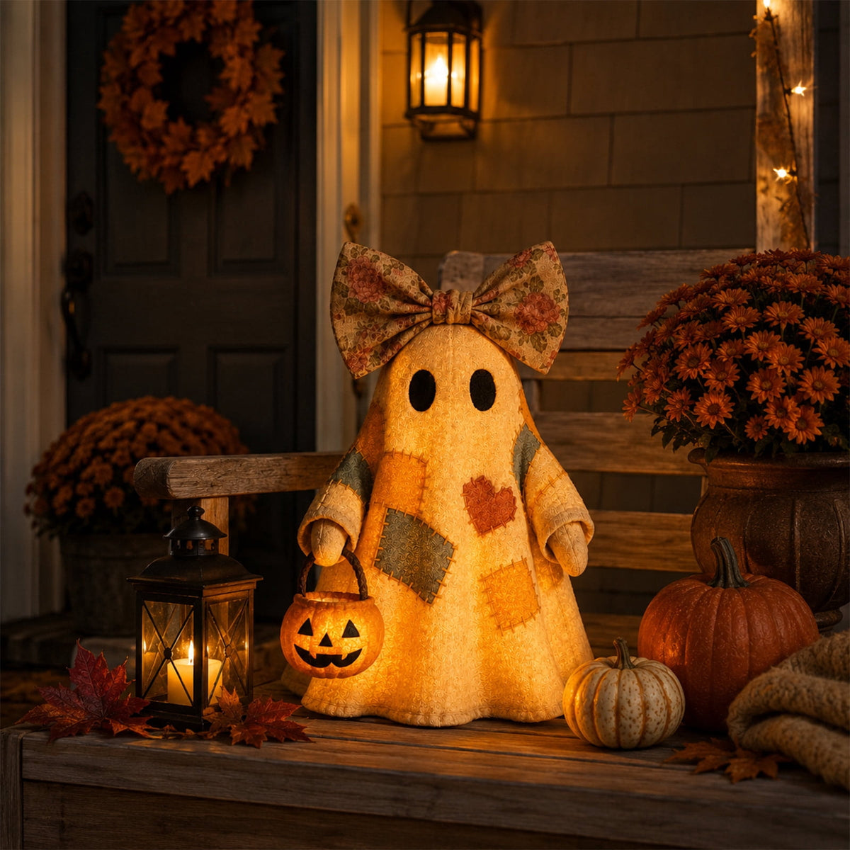 Haunt & Co 1PCS 13.78 inch Lighted Vintage Patchwork Ghost, Retro Quilted Light Up Figurine, Farmhouse Style Halloween Ornament for Seasonal Home Display