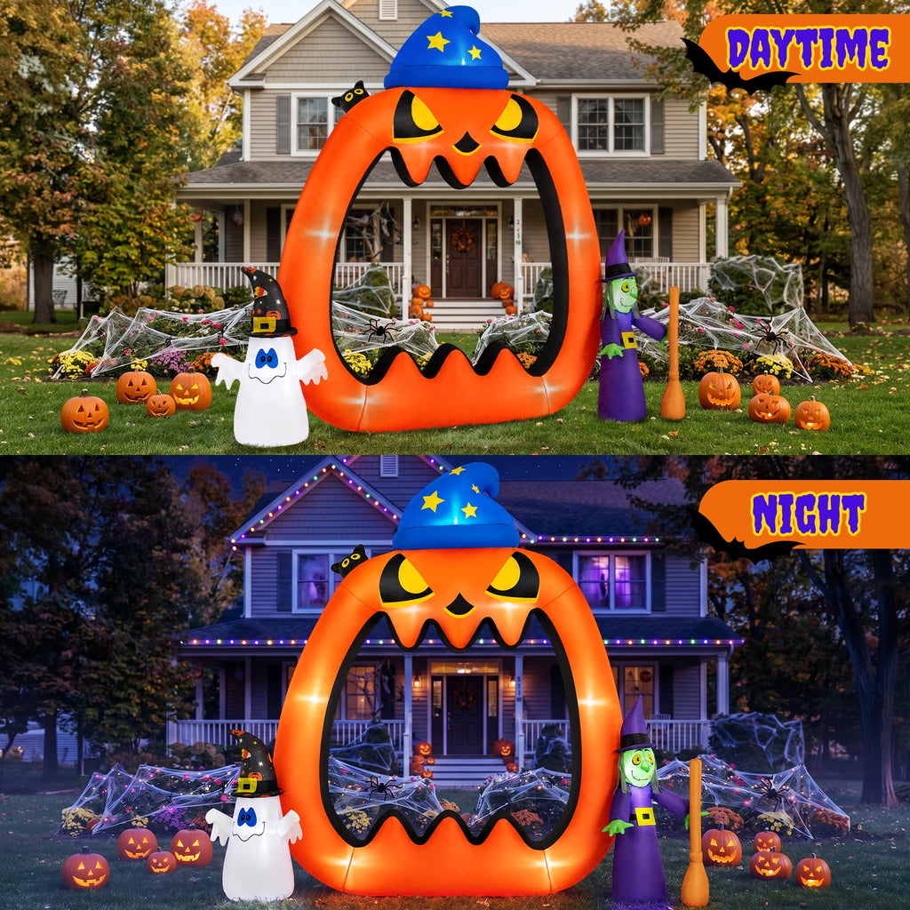 Haunt & Co 8.2ft Halloween Inflatable Pumpkins Photo Door with Ghost Witch Yard Party Outdoor Decorations with LED Lights