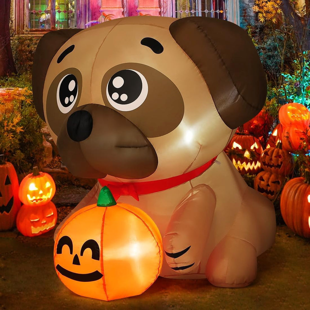 Haunt & Co COMIN 5 FT Halloween Inflatables Dog Outdoor Yard Decorations Blow Up Pug Holding Pumpkin with Built-in LEDs