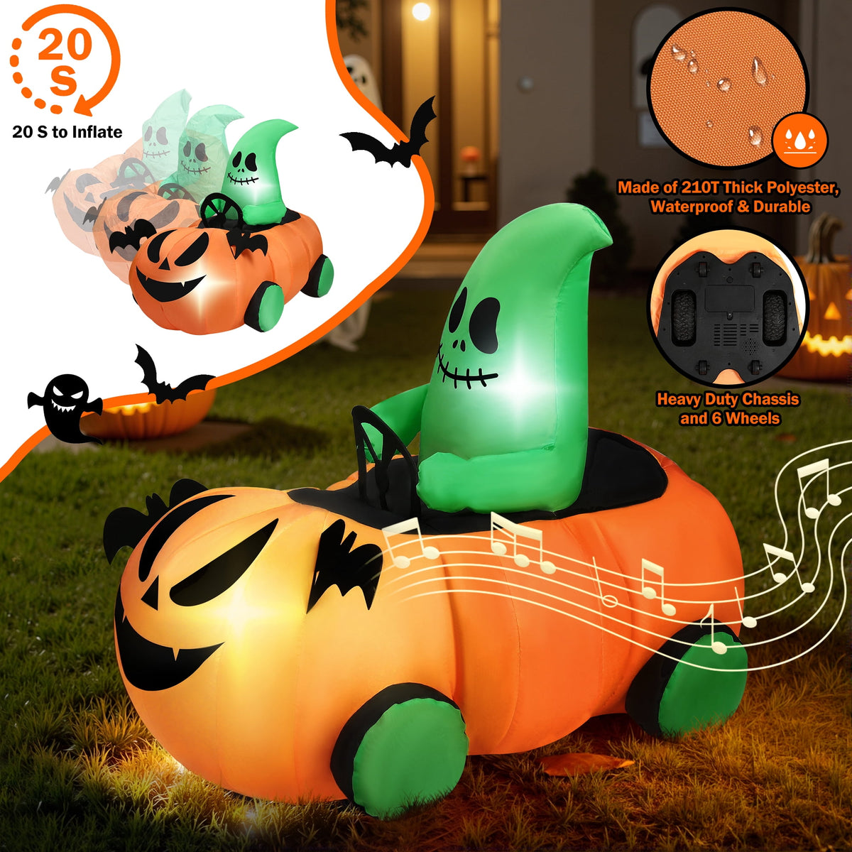Haunt & Co (2 pack) 2.6ft Halloween Inflatable with Music and Lights,Remote Control Pumpkin Ghost Car,Blow ups Rc Car,Indoor Outdoor,Orange Green
