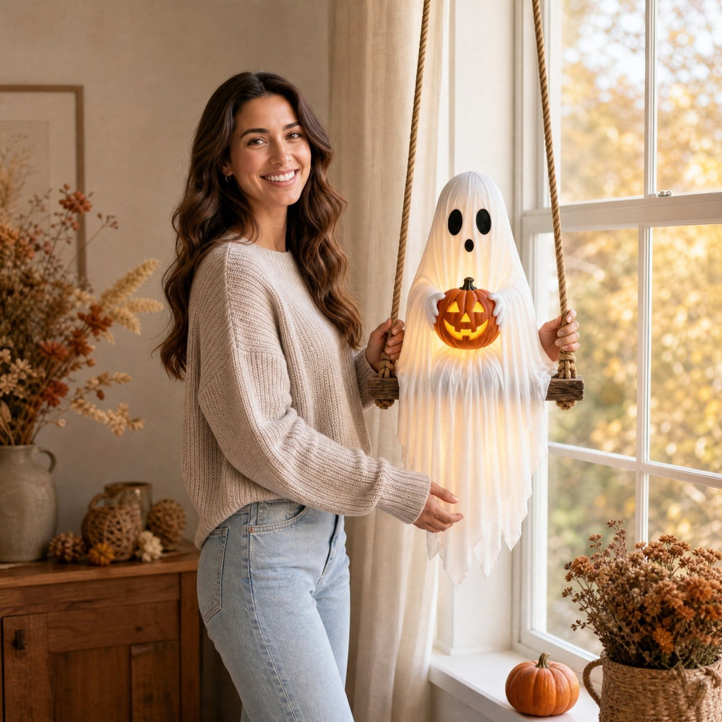 Haunt & Co Halloween Swing Ghost Pumpkin Hanging Decor Warm Led Strip Cute Gentle Halloween Ornament With Wood Base Rope For Garden Tree Porch Balcony Party