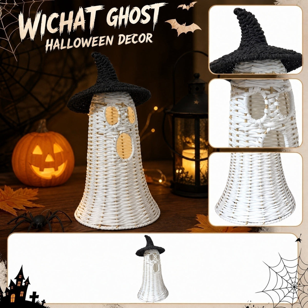 Haunt & Co White Ghost with Witch Hat, Ghost Ornaments Holiday Home Decor Halloween Tabletop Cute Ghost Figurines for Party Mantel Shelf Display Festive Celebrations