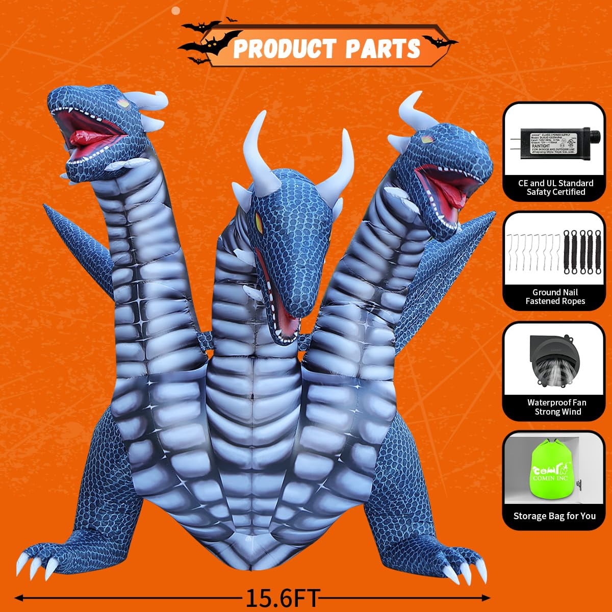Haunt & Co COMIN 15.6 FT Long Animated Halloween Inflatables Outdoor Decorations Black Hydra Dragon - Giant Decoration Built-in LED Lights