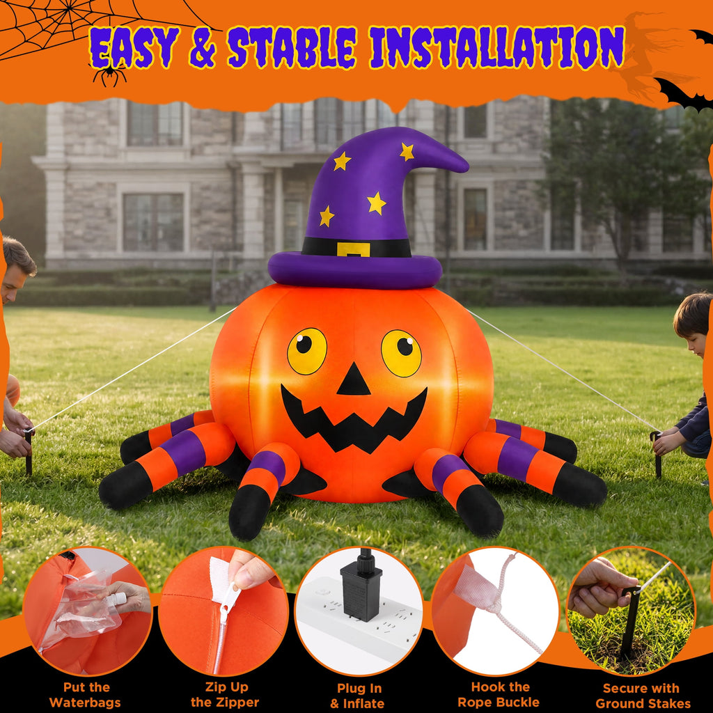 Haunt & Co 6.2FT Halloween Inflatable Decorations Pumpkin Spider with LED Lights, Halloween Blow Ups