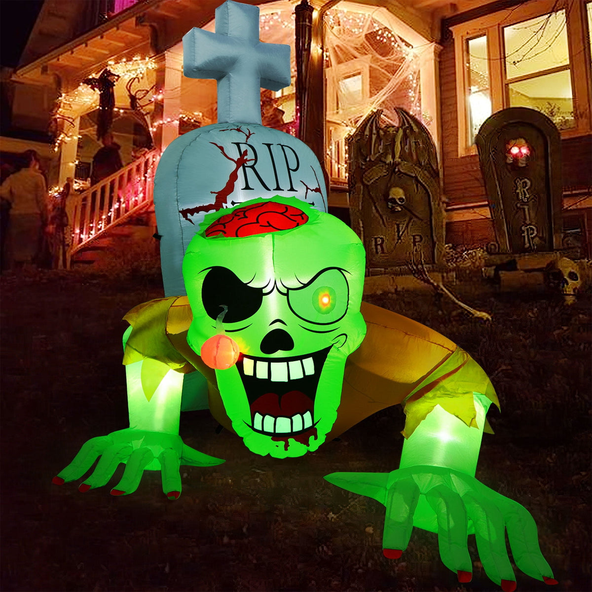 Haunt & Co 5.7FT Inflatable Halloween Inflatable Crawling Green Ghost with Tombstone Built-in LED Lights Inflatable LED Lights Blow Up Yard Decoration