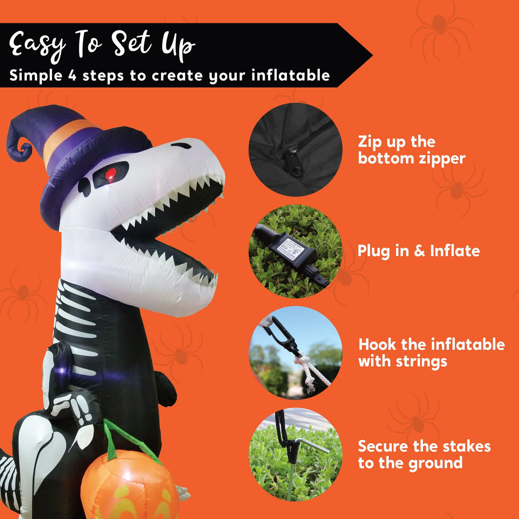 Haunt & Co 8 FT Halloween Inflatable Skeleton Dinosaur with Build-in LEDs Pumpkin Decorations,Halloween Outdoor Decorations Blow up Yard Decorations