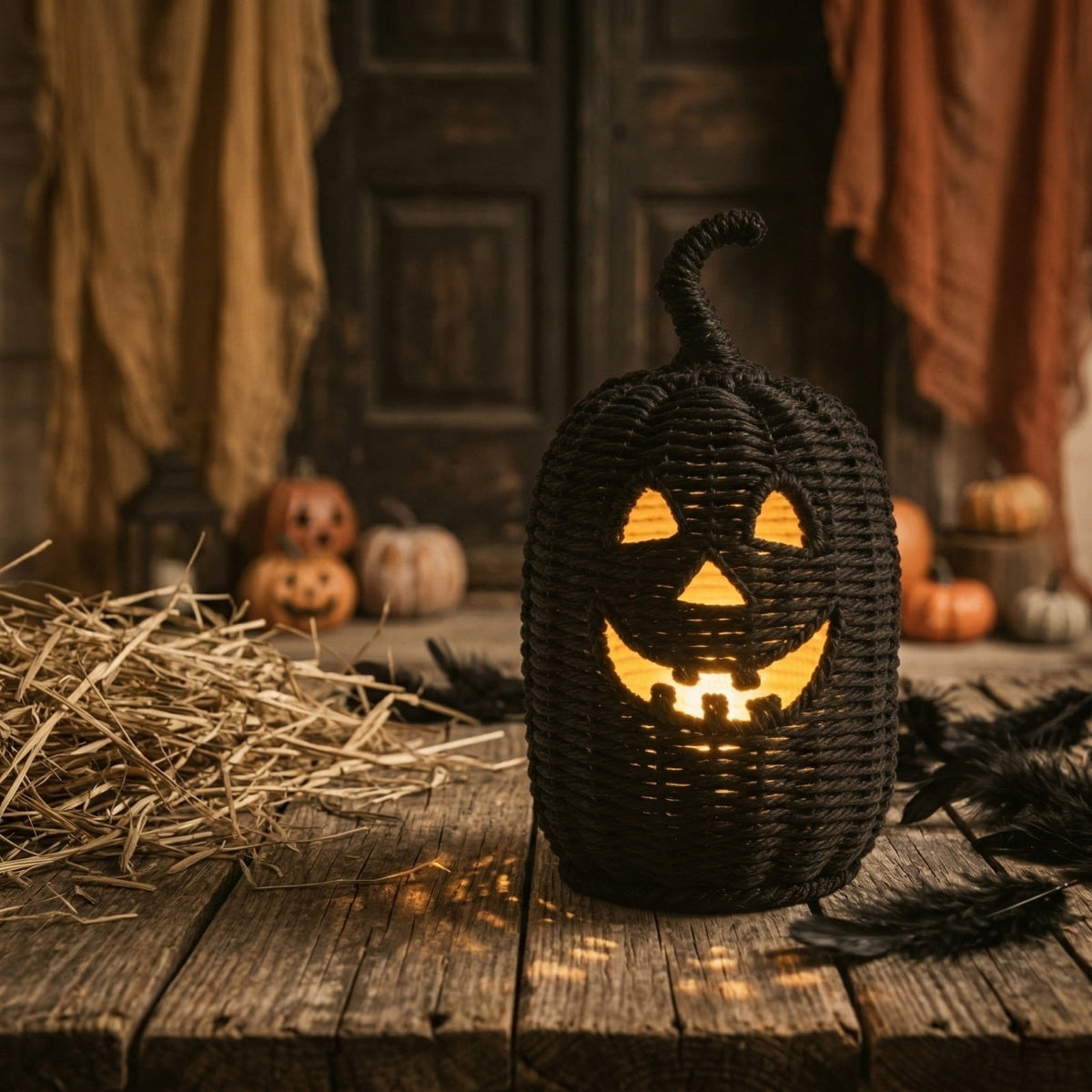 Haunt & Co THOPBPRK 2026 Black Halloween Woven Pumpkin Jack-O'-Lantern, Pumpkin, USE LED Candle, Rattan Fall for Home, 1Pack 11.8 Inch A