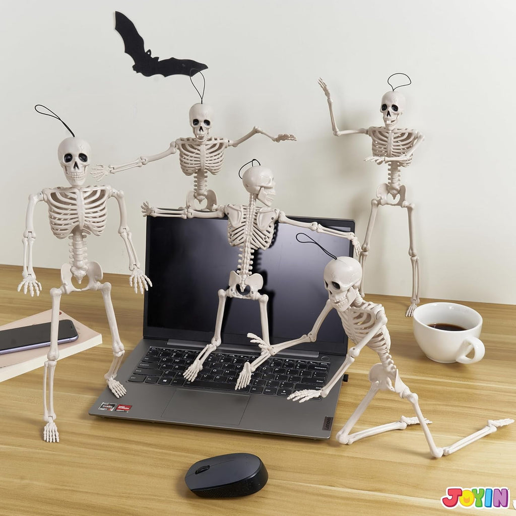 Haunt & Co 5 PCS Posable Halloween Skeleton Decor 16 Inches, Full Body Posable Joints Hanging Skeletons for , Graveyard Props, Haunted House Accessories, Spooky Scene Party Favors