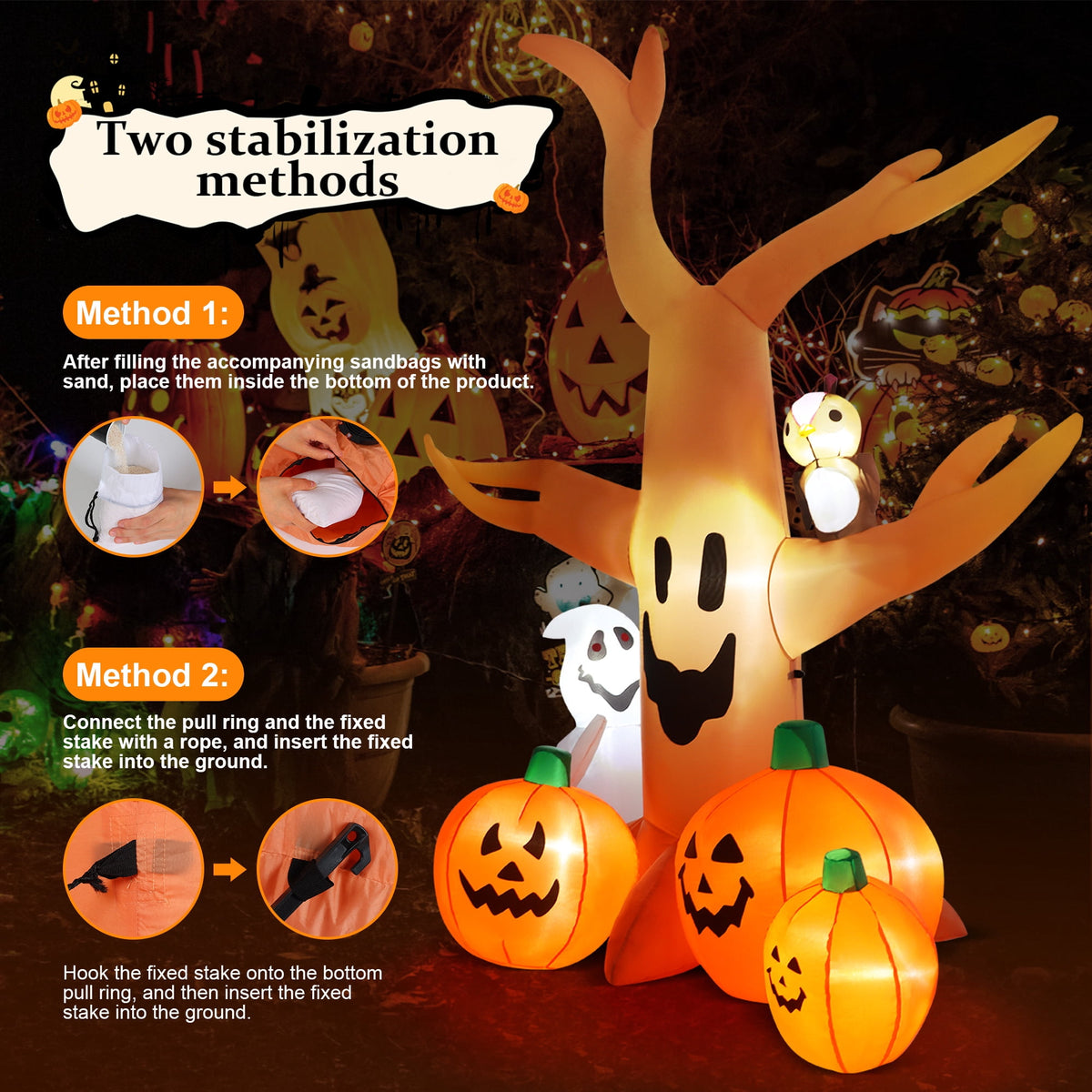 Haunt & Co 8FT Halloween Inflatables Dead Tree,Outdoor with Built-in LED Lights,Halloween Blow Up Yard Decorations with Pumpkin,Ghost,and Owl
