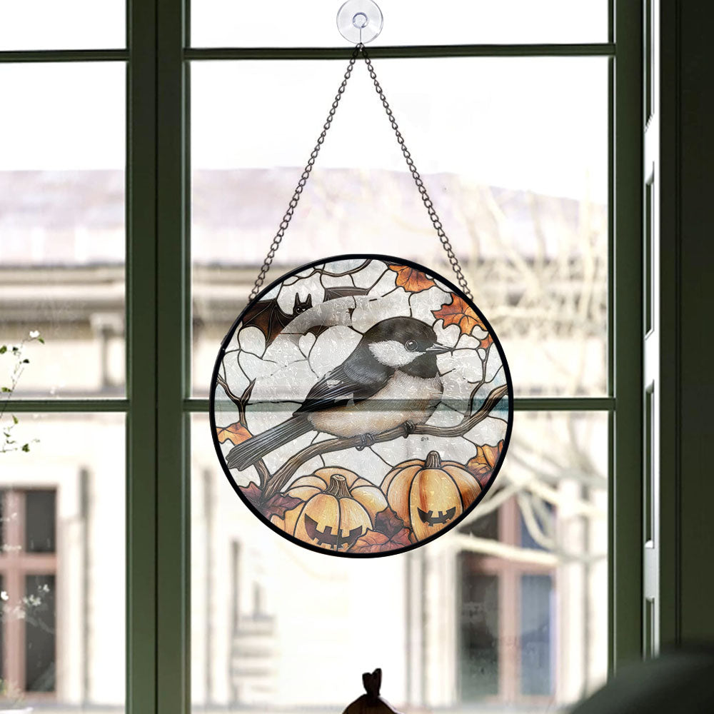 Haunt & Co Christmas Gift Idea - Halloween Chickadee Stained Glass Hanging Ornament - Merry & Bright Xmas Tree Decor, Holiday Gift for Family & Friends