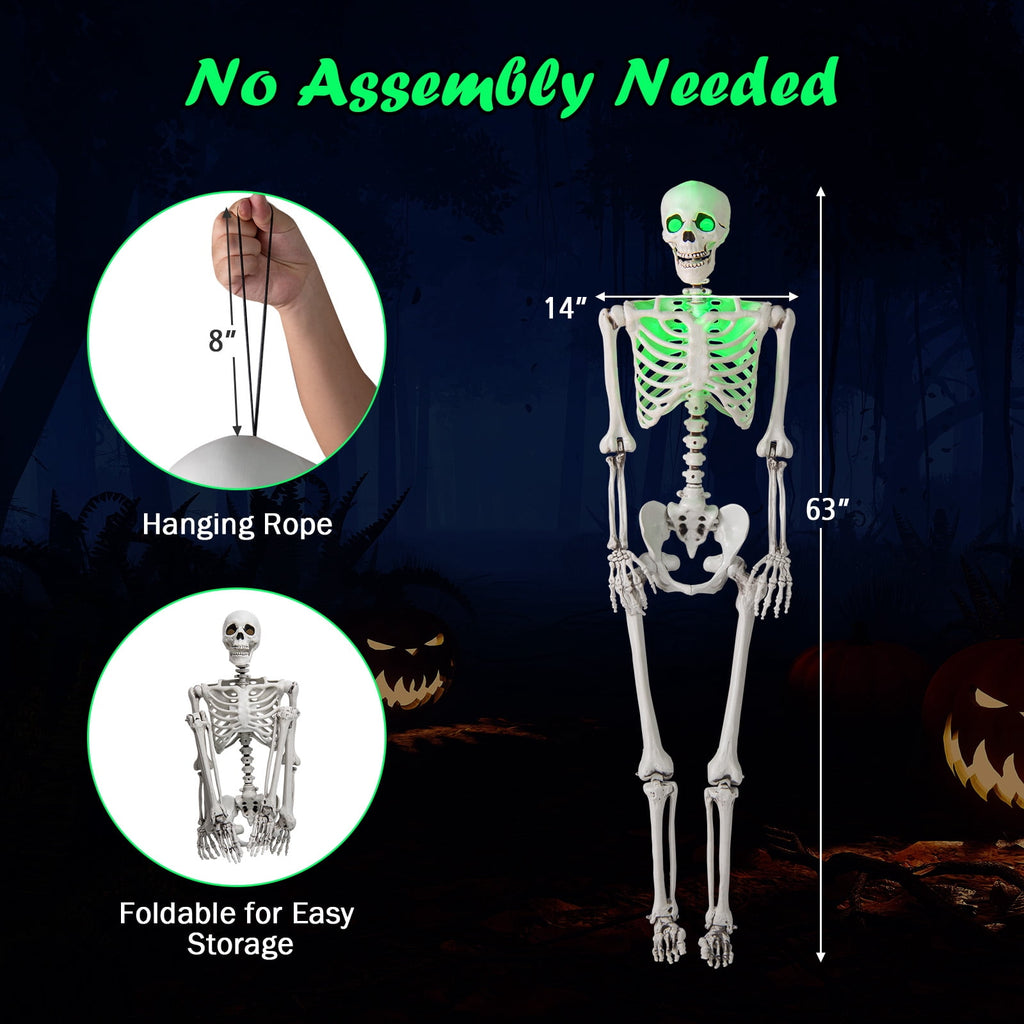 Haunt & Co Costway 5.5 FT Poseable Halloween Skeleton Life-Size Decoration with Built-in Lights Green