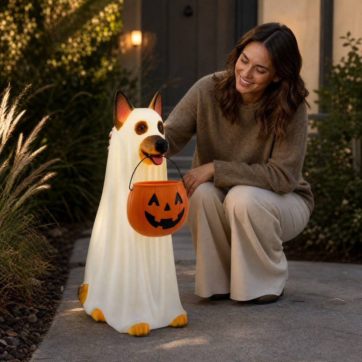 Haunt & Co Clearance! Halloween Ghost Dog Statue with Pumpkin Candy Bowl, 14" LED Ghost German Shepherd Blow-Molded Figurine Outdoor, Halloween Candy Holder Decoration Gift for Porch Yard Patio Indoor