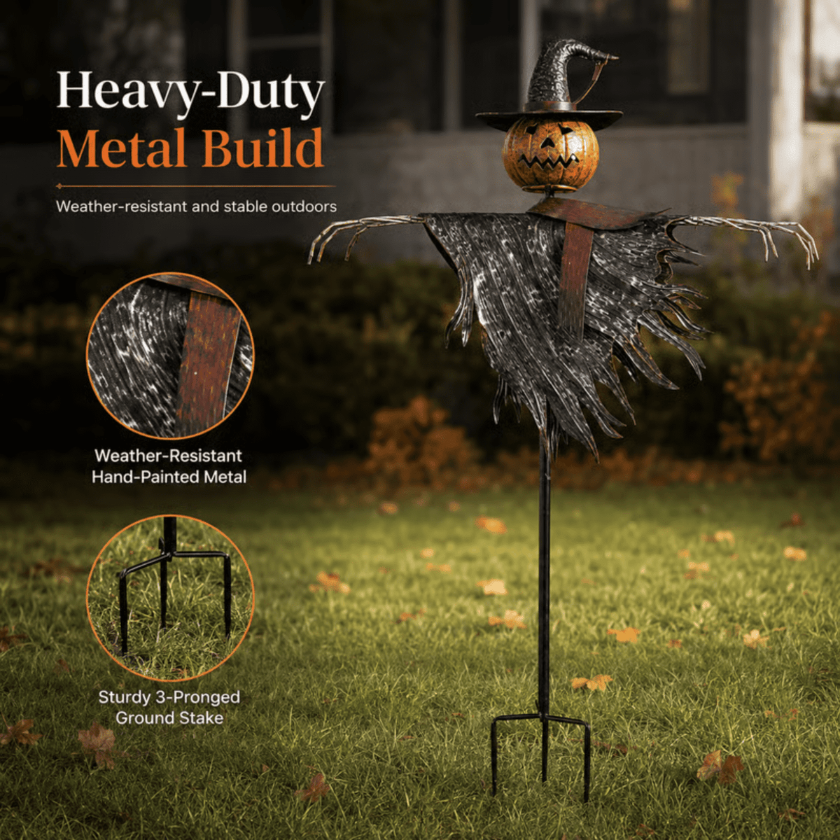 Haunt & Co Solar Lighted Pumpkin Scarecrow Sentinel, Handâ??Painted Metal Lightâ??Up Jackâ??oâ??Lantern Ornament, Solar Powered Yard Art, Spooky Decor for Halloween Party, Garden and Backyard