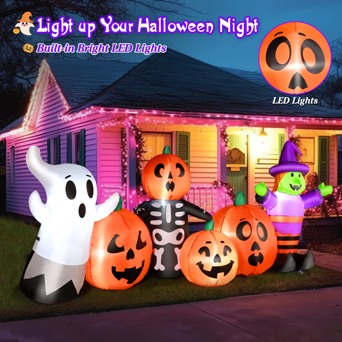 Haunt & Co 8FT Length Halloween Inflatable Witch, Ghost, with Pumpkin Outdoor Decoration