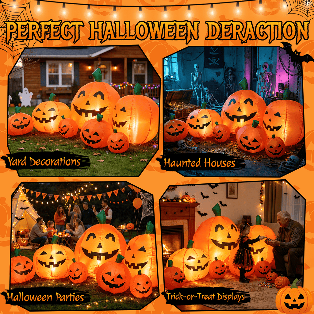 Haunt & Co 7.5 FT Long Halloween Inflatables Pumpkin Family Lighted,7 Pumpkins Blow Up Yard Decoration, Built-in LEDs, Stakes & Tethers Included