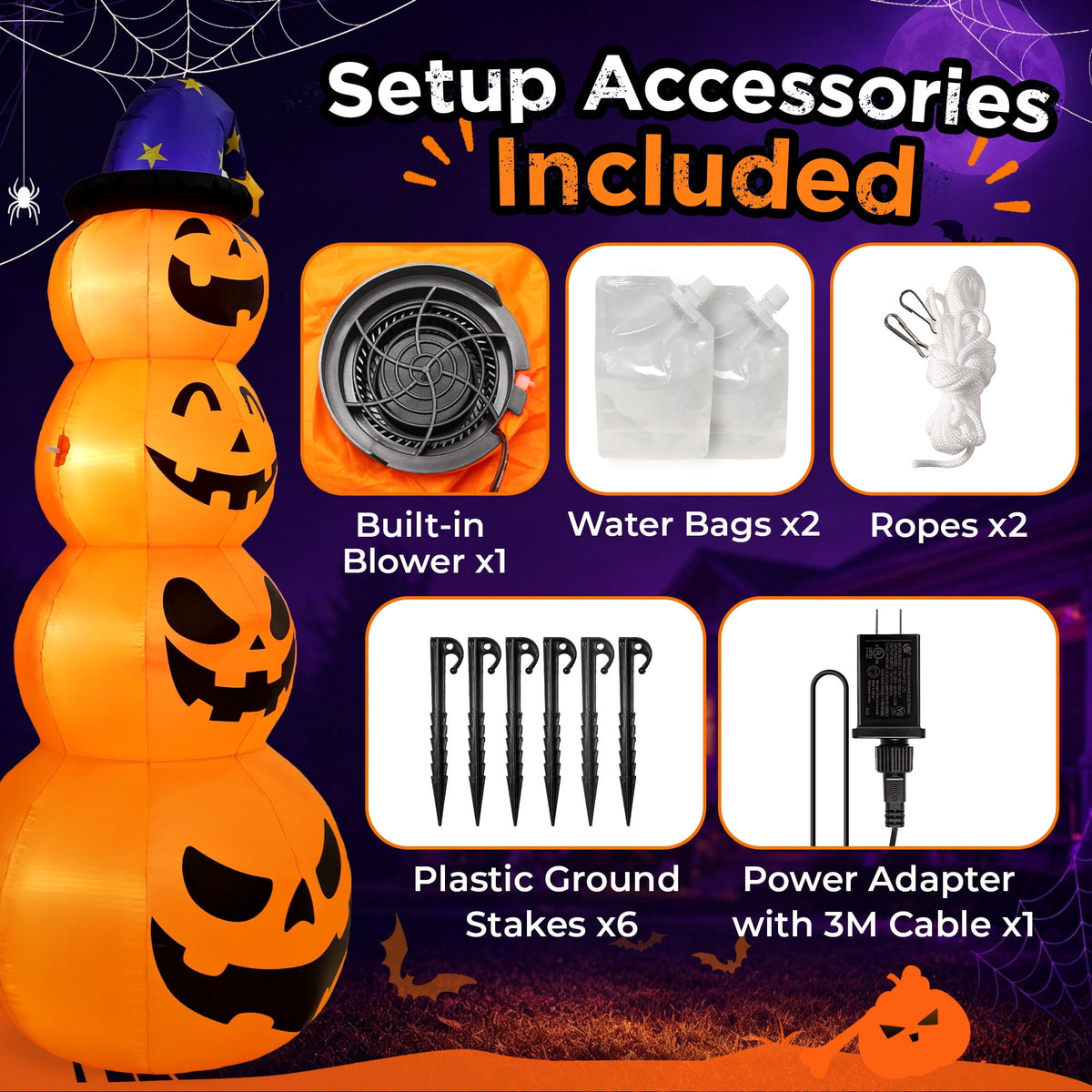 Haunt & Co 8ft Halloween Inflatable, Stacked Pumpkins with Witch Hat and Built-in LED Lights, Outdoor