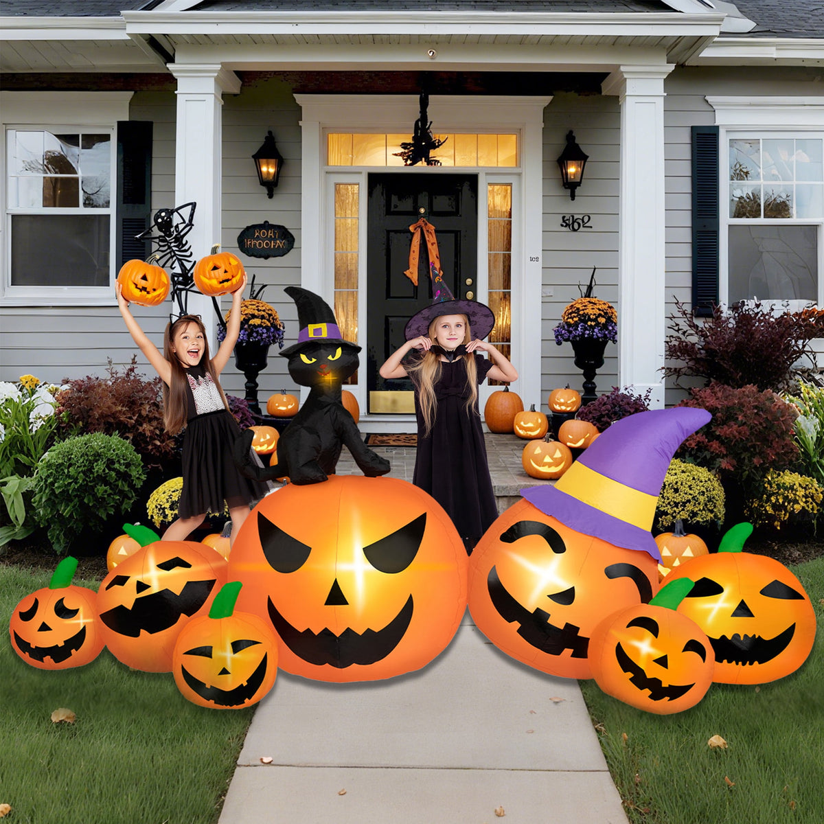 Haunt & Co B&D 8FT Long Halloween Inflatables Pumpkin, Blow Up Pumpkins Inflatables with Witch Hat & Black Cat Built-in LED Lights