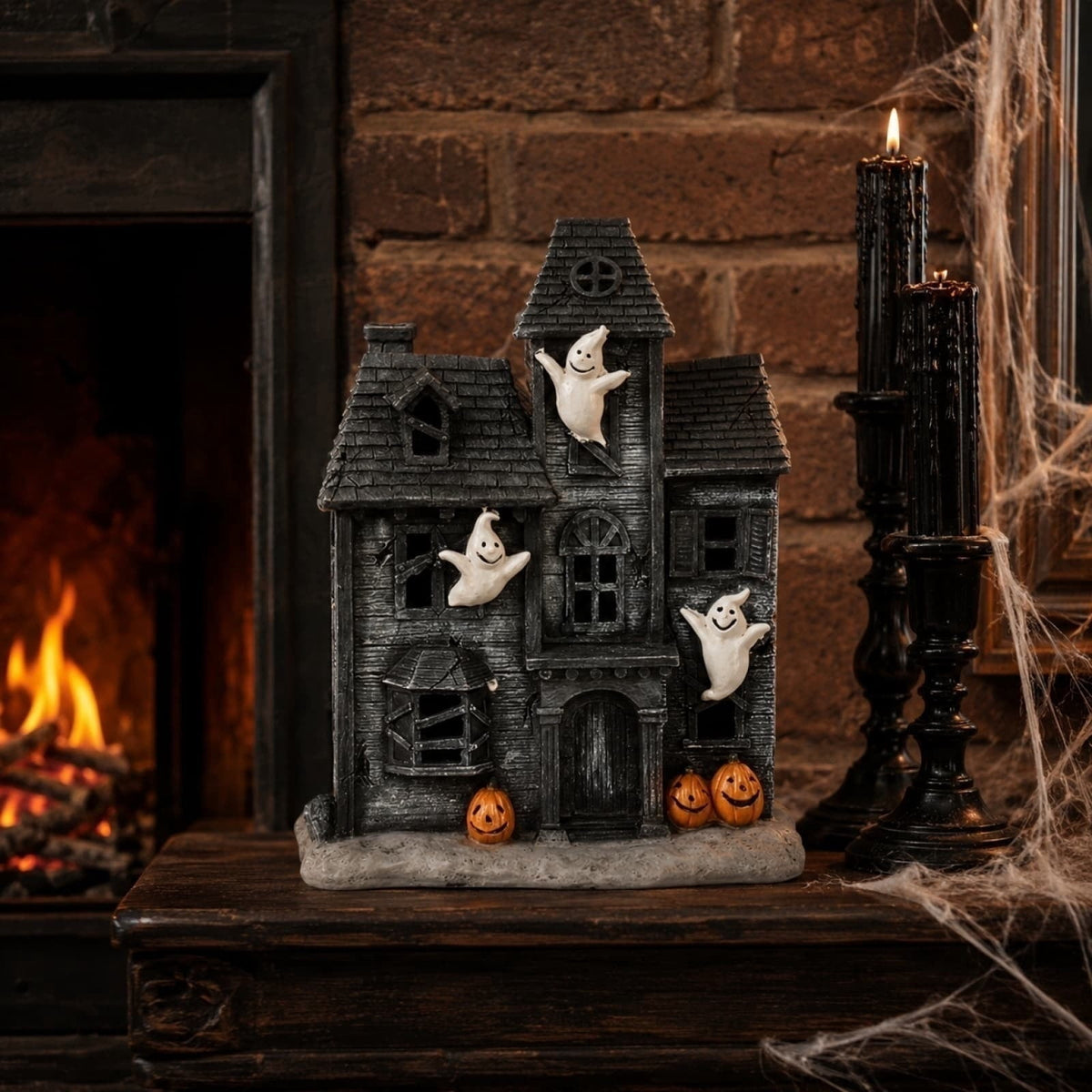 Haunt & Co Haunted House Figurine with Ghosts and Pumpkin Decor, Vintage Style Hanging Ghost Ornaments, Halloween Mantel Shelf Tabletop Centerpiece for Indoor Party