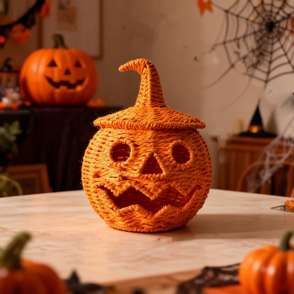Haunt & Co Hand Woven Jack O Lantern Pumpkin Desktop Ornament Spooky Hollow Pumpkin Figurine For Shelf Mantel Tabletop Halloween Gothic Fall Home Decor(Style A-Orange)