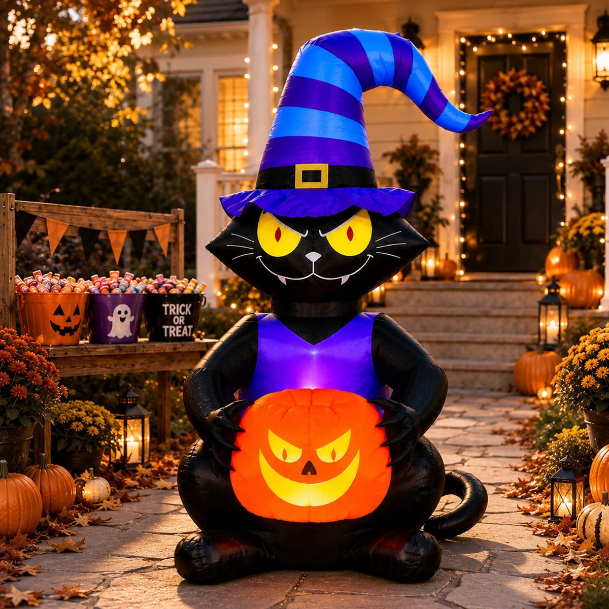 Haunt & Co Toiyjofe 6ft Halloween Inflatable Black Cat with Jack-o'-Lantern & LED Lights, Trick-or-Treat Yard Decoration with Witch Hat