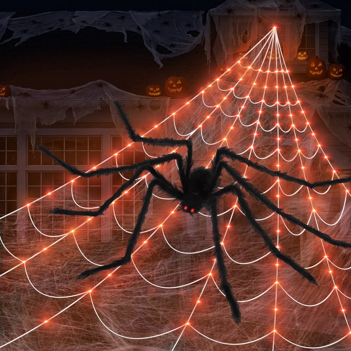 Haunt & Co Scidweet Outdoor, 350 LED Halloween Spider Web Lights with 79" Large Spider for Outside Garden Yard Home Decor, Orange