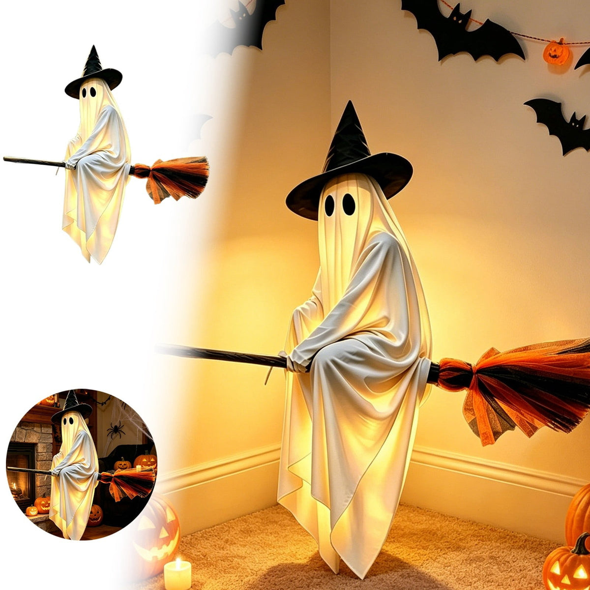 Haunt & Co Halloween Glowing Ornament with Lighted Witch Hat - Flying Hanging Decor for Home Porch Yard, Holiday Scene Prop for Halloween Celebration