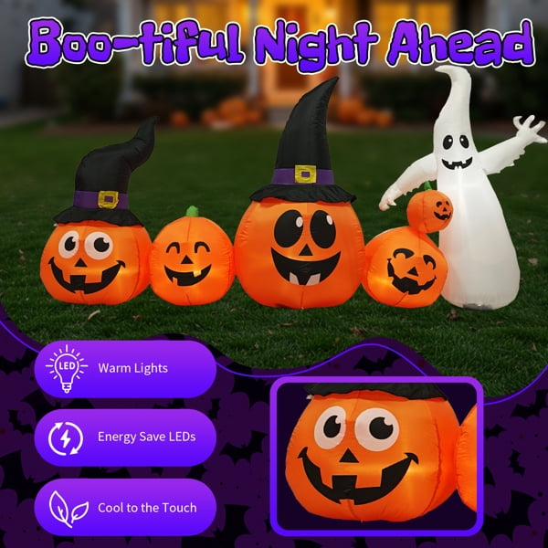 Haunt & Co 8FT Halloween Inflatable Pumpkin Ghost Scene, 5 Total LEDs, Waterproof Polyester, Quick Inflation with Stakes/Ropes