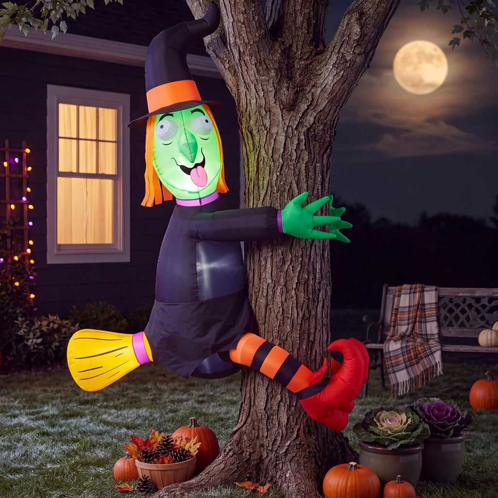 Haunt & Co 4 FT Halloween Inflatables Witch Crashing Into Tree,LED Lighted Blow Up Yard Decoration