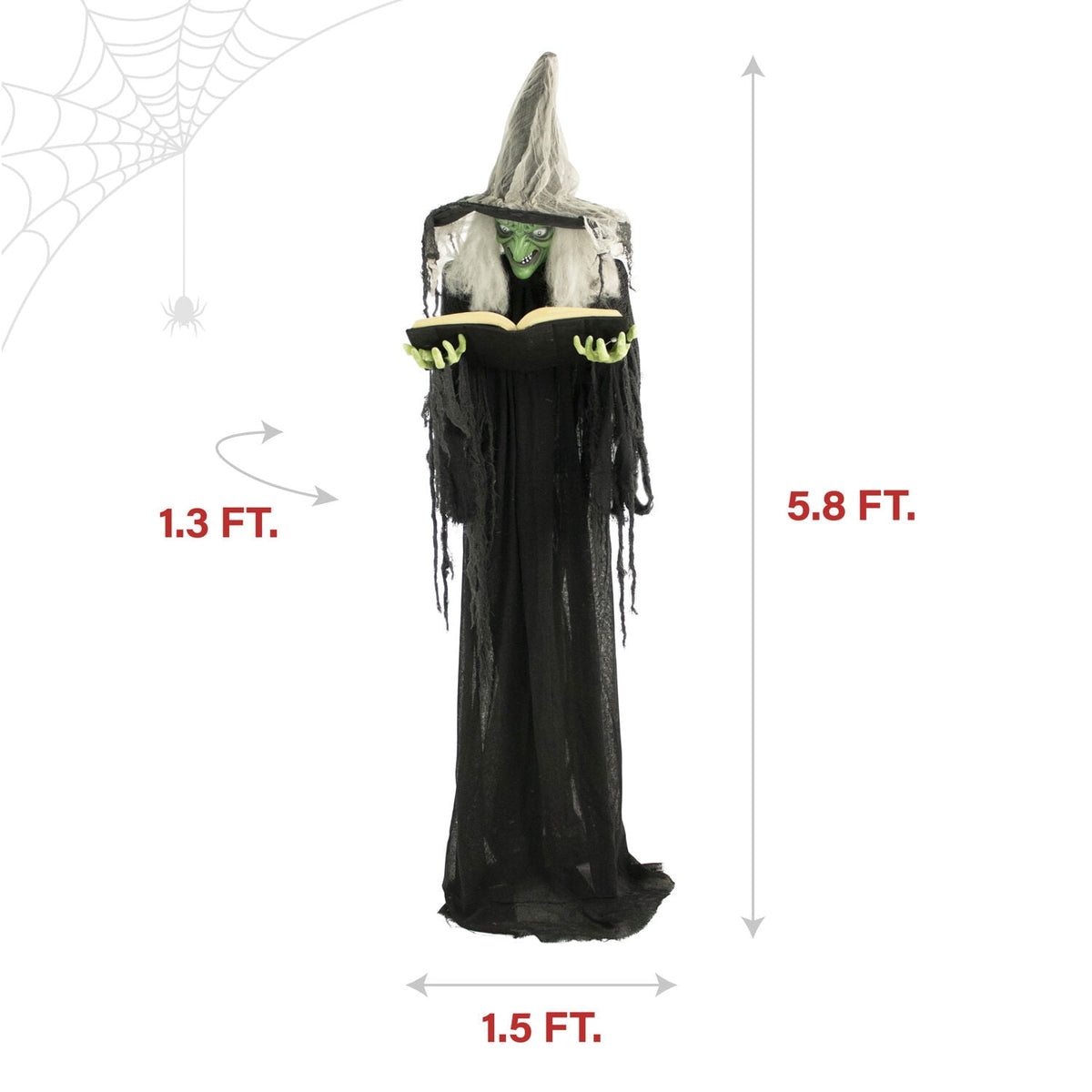 Haunt & Co 5.5 ft Poseable Witch with Spell Book, Lights and Sound, Indoor/Covered Outdoor