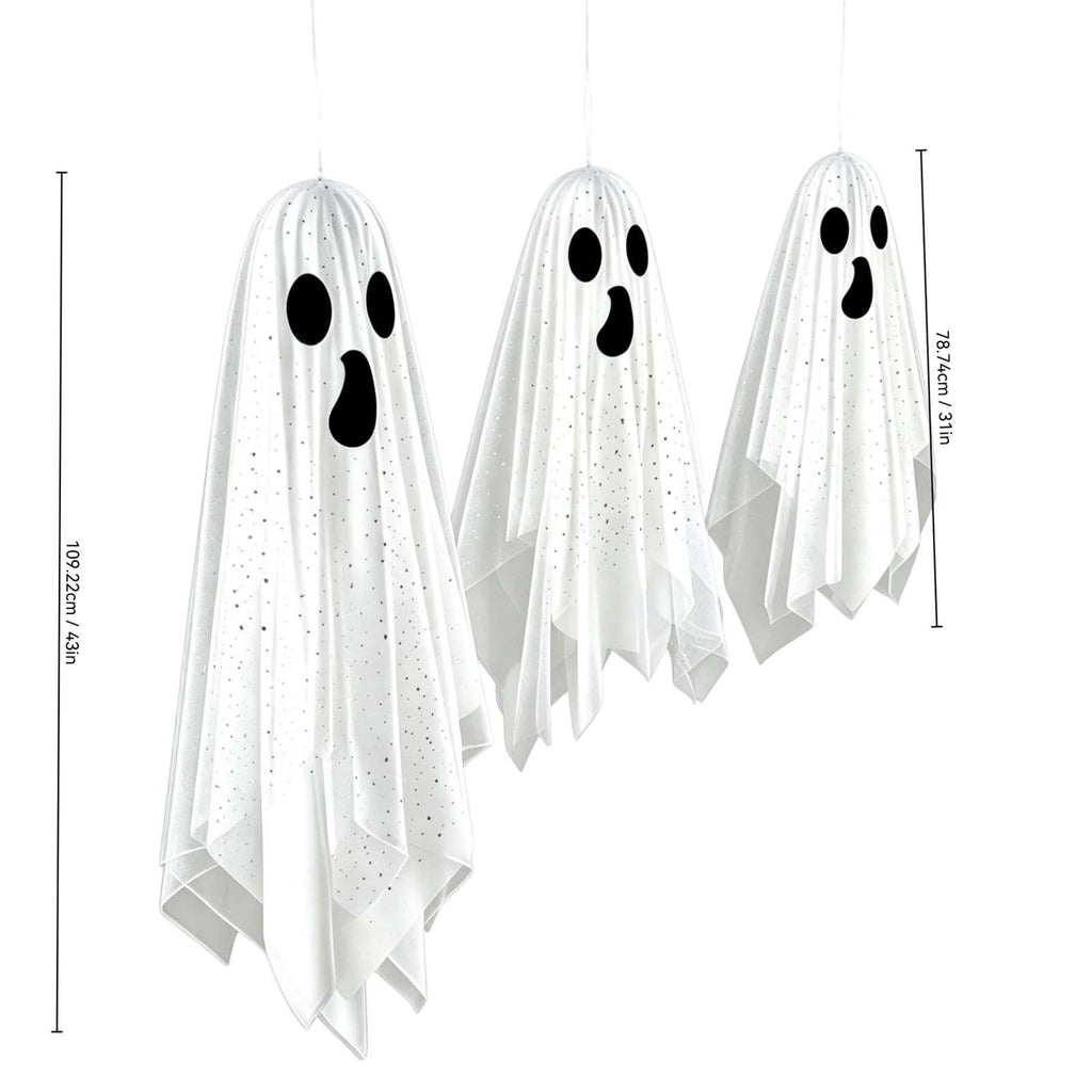 Haunt & Co OCCOA 3 Pack Hanging Ghost Decorations White Glitter Cloth Ghost Ornaments with Surprised Face for Halloween Indoor Outdoor Party Porch, White