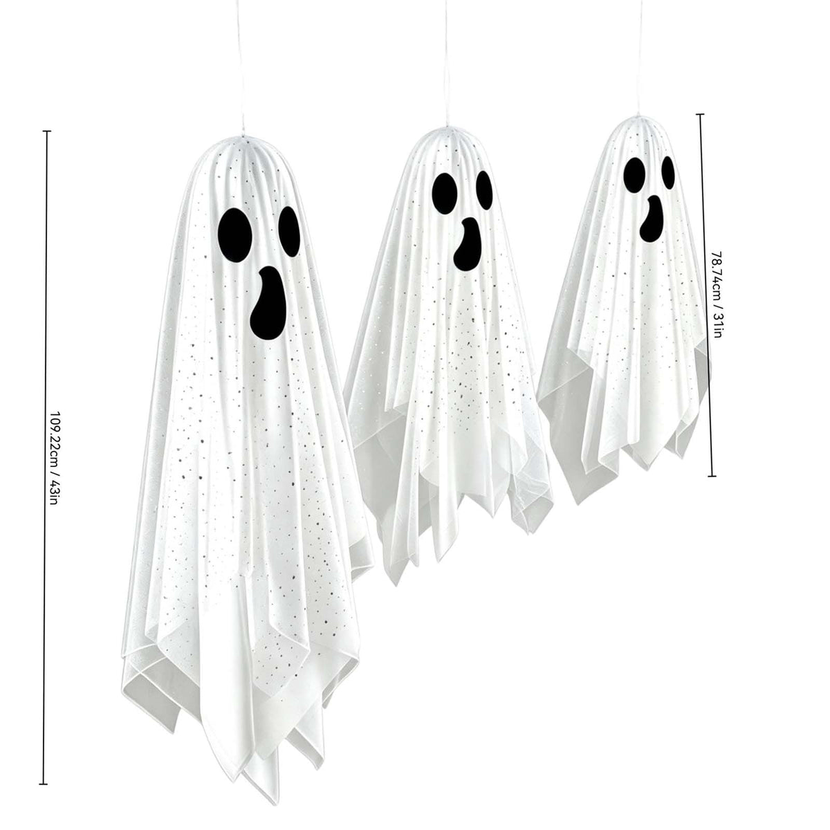 Haunt & Co OCCOA 3 Pack Hanging Ghost Decorations White Glitter Cloth Ghost Ornaments with Surprised Face for Halloween Indoor Outdoor Party Porch, White