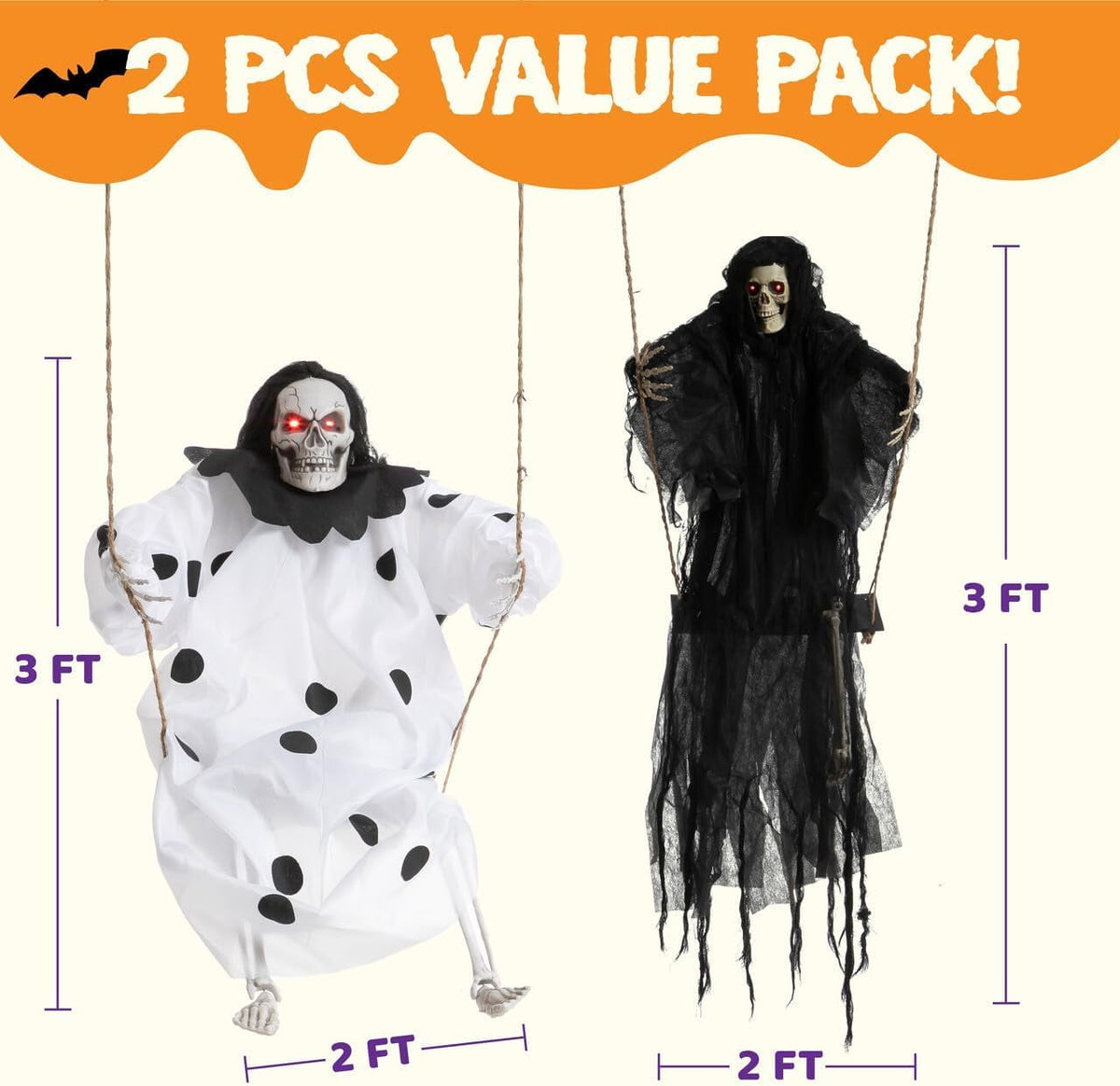Haunt & Co 2 Packs Outdoor Hanging Swinging Skeleton Ghosts,3 ft Light Up Creepy Grim Reaper Decorations for Halloween Hanging Decorations Indoor Outdoor Yard