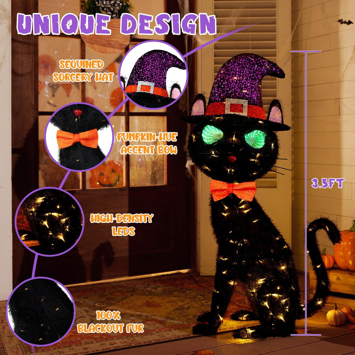 Haunt & Co MARACOL 3.5FT Black Cat , Animated Eyes Scary Halloween Cat Decor with Witch Hat, Light-Up Black Cat with 125 LED
