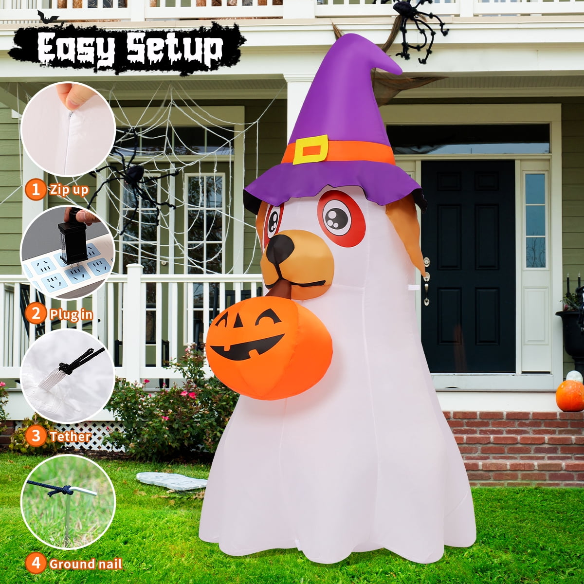 Haunt & Co Halloween Inflatables 6 FT Inflatable Ghost Dog with Pumpkin in Mouth & Witch Hat, Halloween Ghost Dog Inflatables with LED Lights, Outdoor for Halloween Holiday Party