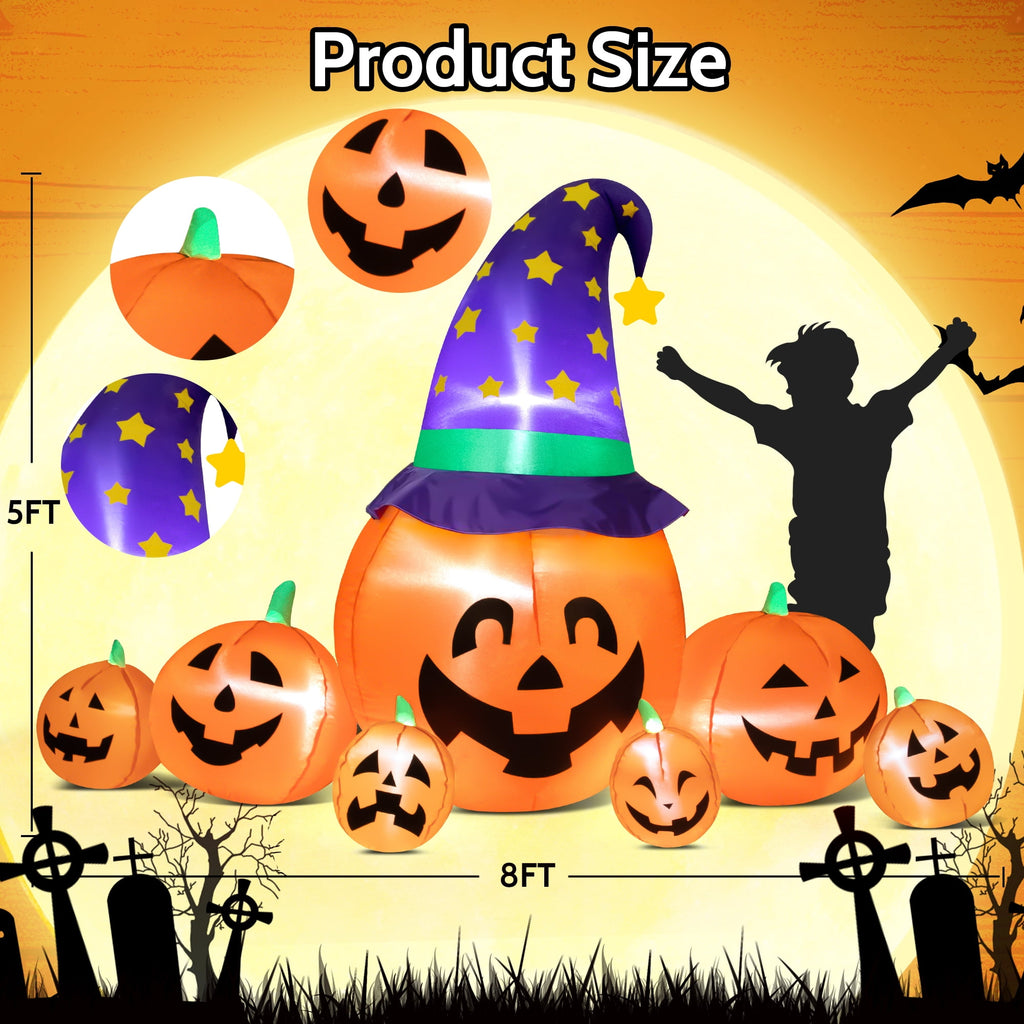 Haunt & Co 8.7ft Halloween Inflatables Pumpkins 7 Blow Up Decor with Witches Hat, Built-in LED Lights