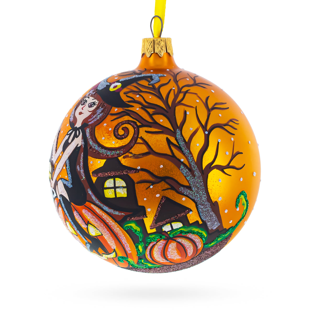 Haunt & Co Enchanting Witch Riding Pumpkin Glass Ball Halloween Ornament 4 Inches