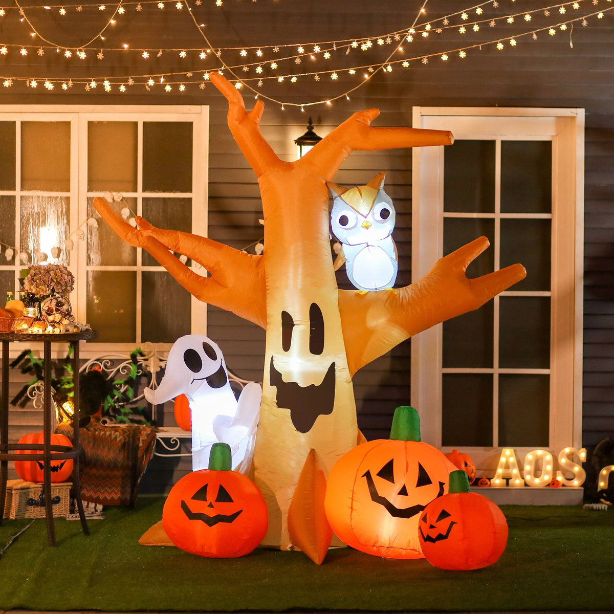 Haunt & Co 7.5FT Halloween Inflatable Scary Ghost Tree with Owl Ghost Pumpkins LED Lights Yard Decoration