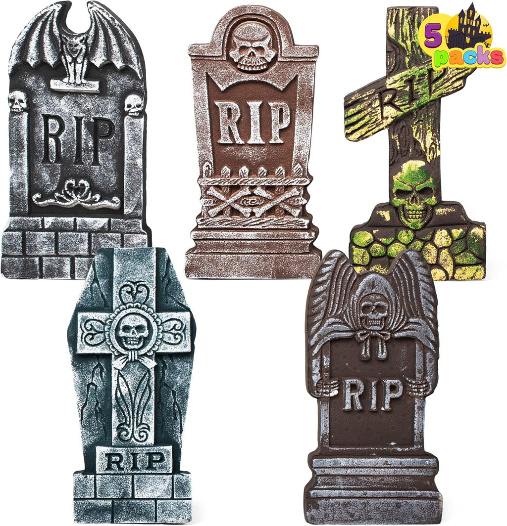 Haunt & Co 17" Halloween 5 Pack Tombstone Decorations, Foam RIP Graveyard Signs Cemetery Headstones Scary Outdoor Indoor with 12 Metal Stakes for Easy Set Up, Waterproof