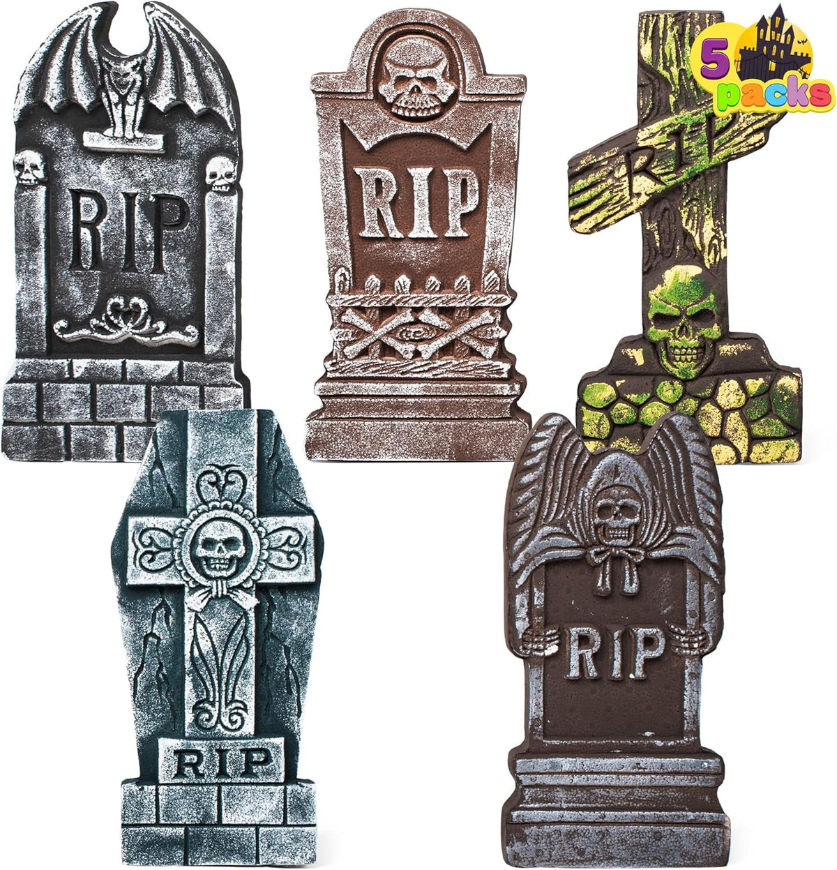 Haunt & Co 17" Halloween 5 Pack Tombstone Decorations, Foam RIP Graveyard Signs Cemetery Headstones Scary Outdoor Indoor with 12 Metal Stakes for Easy Set Up, Waterproof