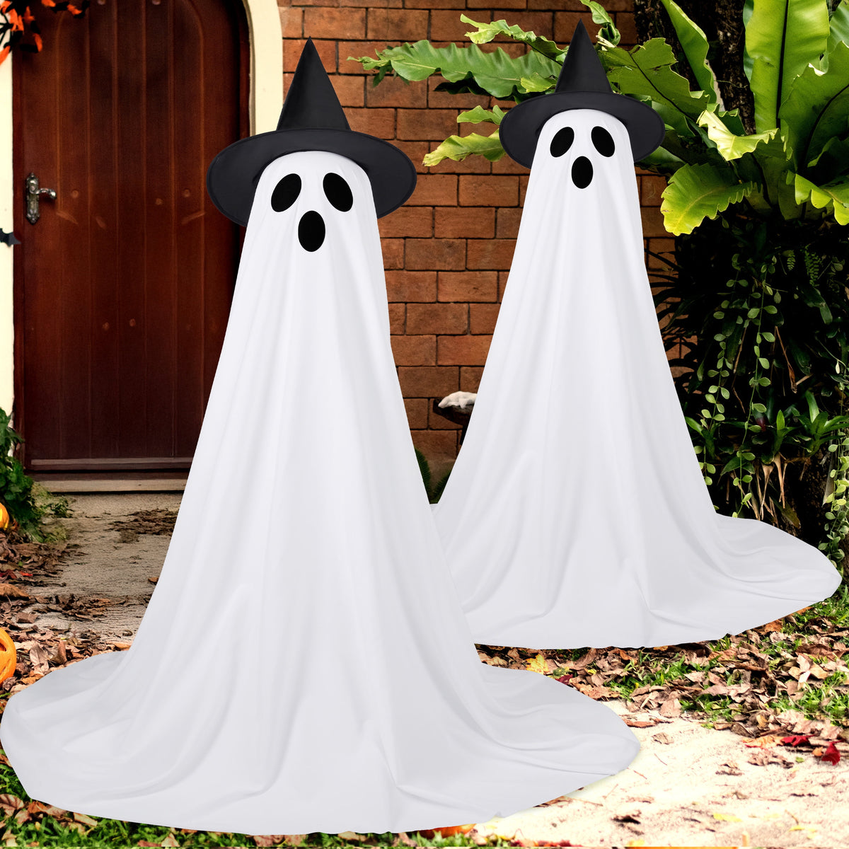Haunt & Co 2 Packs Outdoor,Light Up Halloween Spooky Standing Ghost with Witch Hat,Scary Ghosts Decor with LED Lights