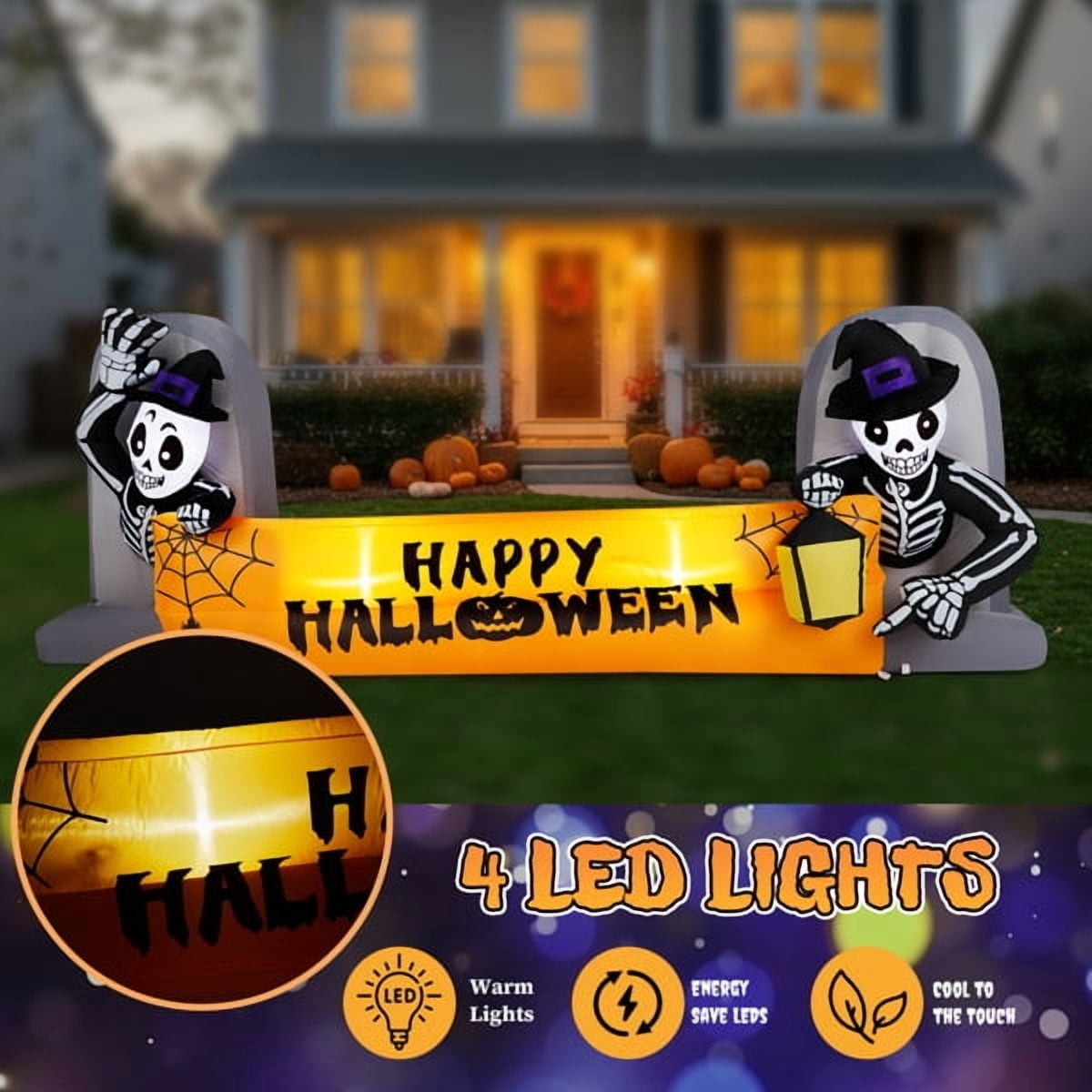 Haunt & Co 9.6FT Halloween Inflatable Skeleton Tombstone Banner, Built-in 4 White LED Lights, Quick Inflation