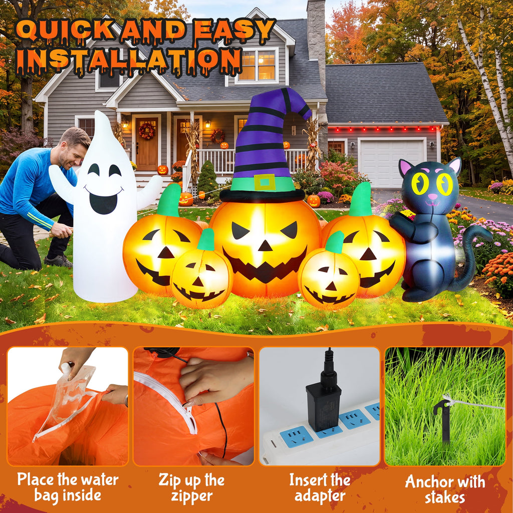 Haunt & Co 8FT Long Halloween Inflatable Pumpkin with Ghost and Black Cat,Outdoor with LED Lights