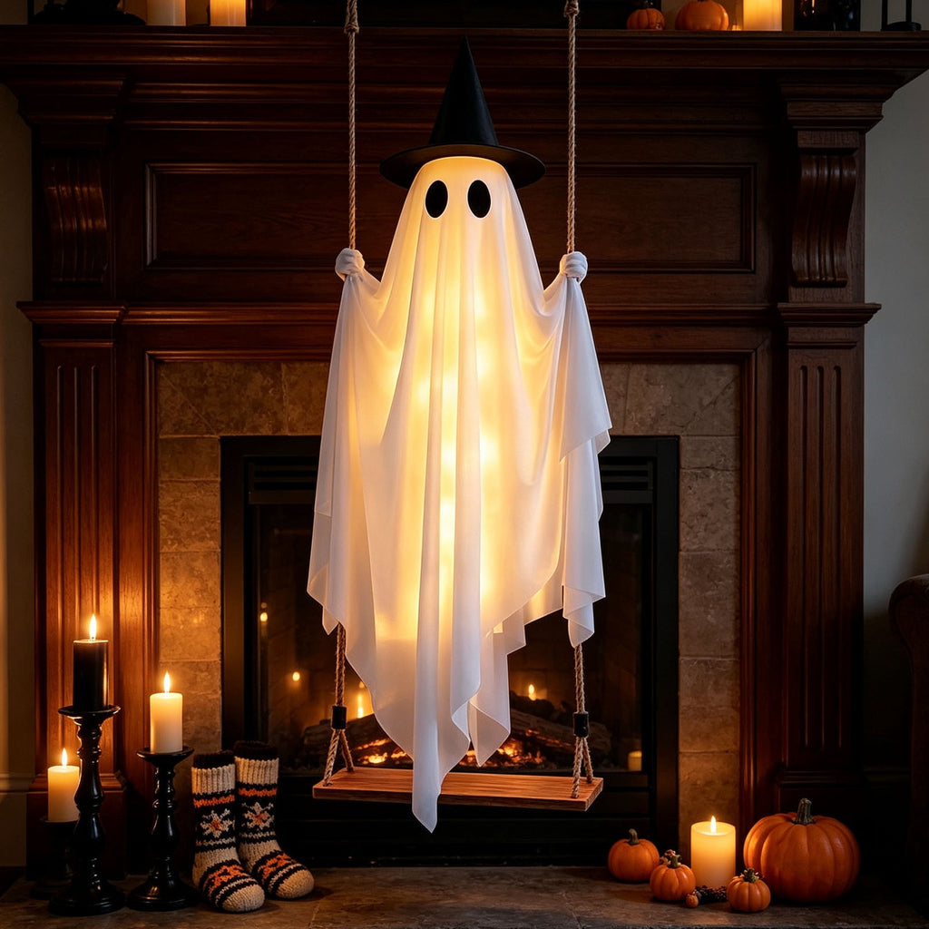 Haunt & Co Qwtwty Halloween Hanging Swinging Ghost Decor, Large Flying Ghost Halloween Ornaments with Witch Hat for Front Yard Patio Lawn Garden Party Decor