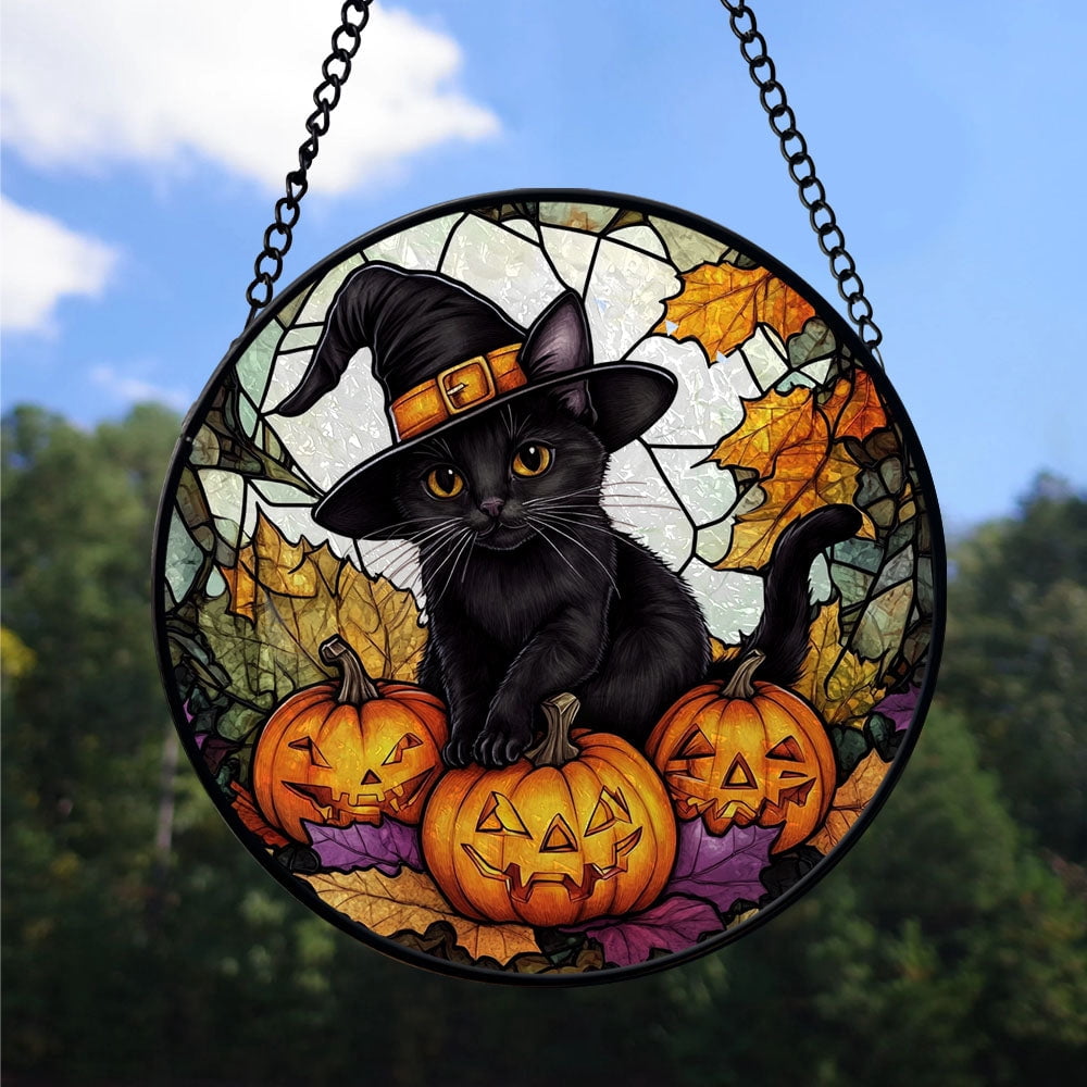 Haunt & Co Hobby Christmas Gift - Black Cat Halloween Whimsical Goth Christmas Stained Glass Hanging Ornament - Modern Tree Decor, Christmas Gift for Mom, Dad, Friends, Family