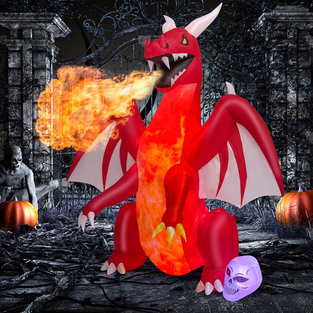 Haunt & Co Costway 8 FT Halloween Inflatable Red Dragon with Wings & Skull Holiday Decoration Light
