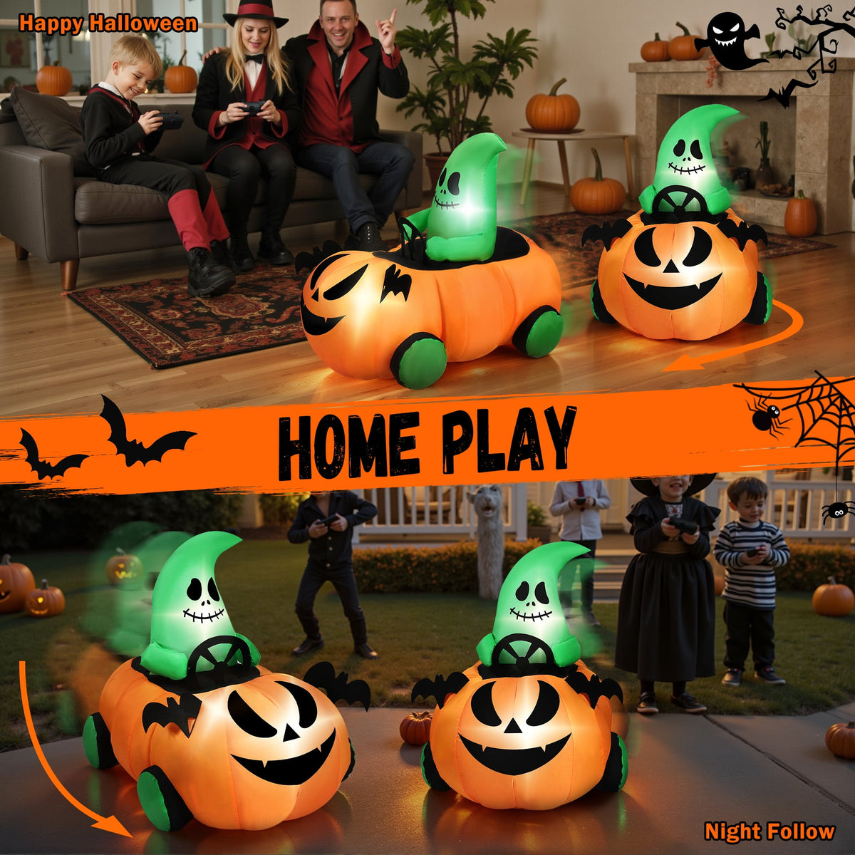 Haunt & Co (2 pack) 2.6ft Halloween Inflatable with Music and Lights,Remote Control Pumpkin Ghost Car,Blow ups Rc Car,Indoor Outdoor,Orange Green