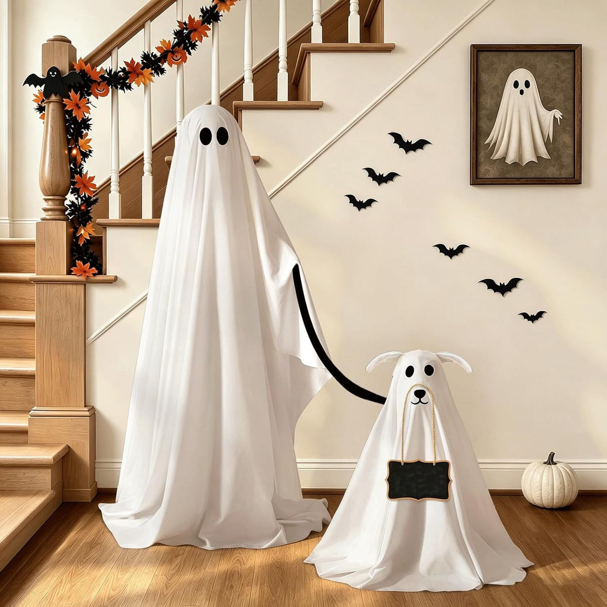 Haunt & Co Clearance Outdoor 2 Pack Spooky Ghost Dog Light-Up Freestanding Swinging Ghost for Front Door Porch Yard Lawn Home Party