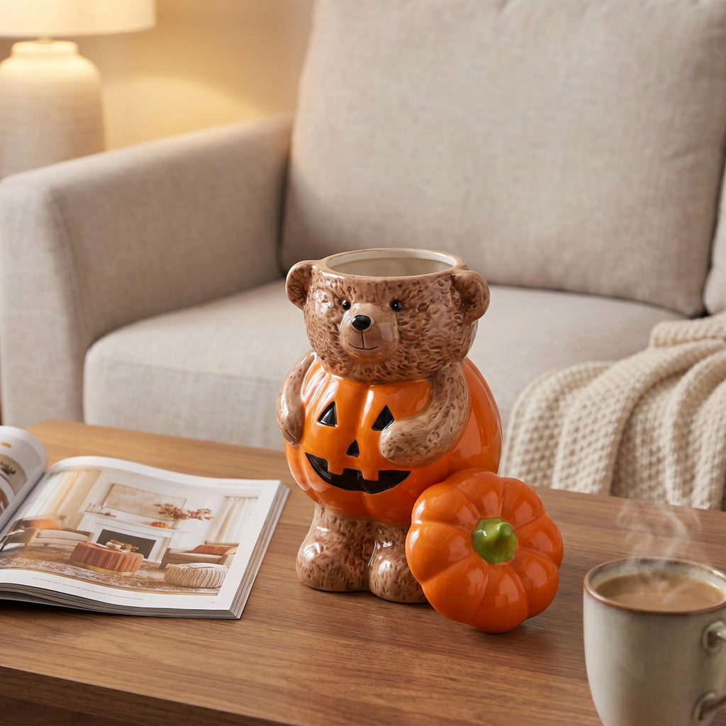 Haunt & Co Halloween Pumpkin Teddy Bear Candy Jar, Festive Snack Storage Container Decorative Resin Ornament, Cute Display Candy Holder for Kitchen Table Party Halloween Home Decoration Gift