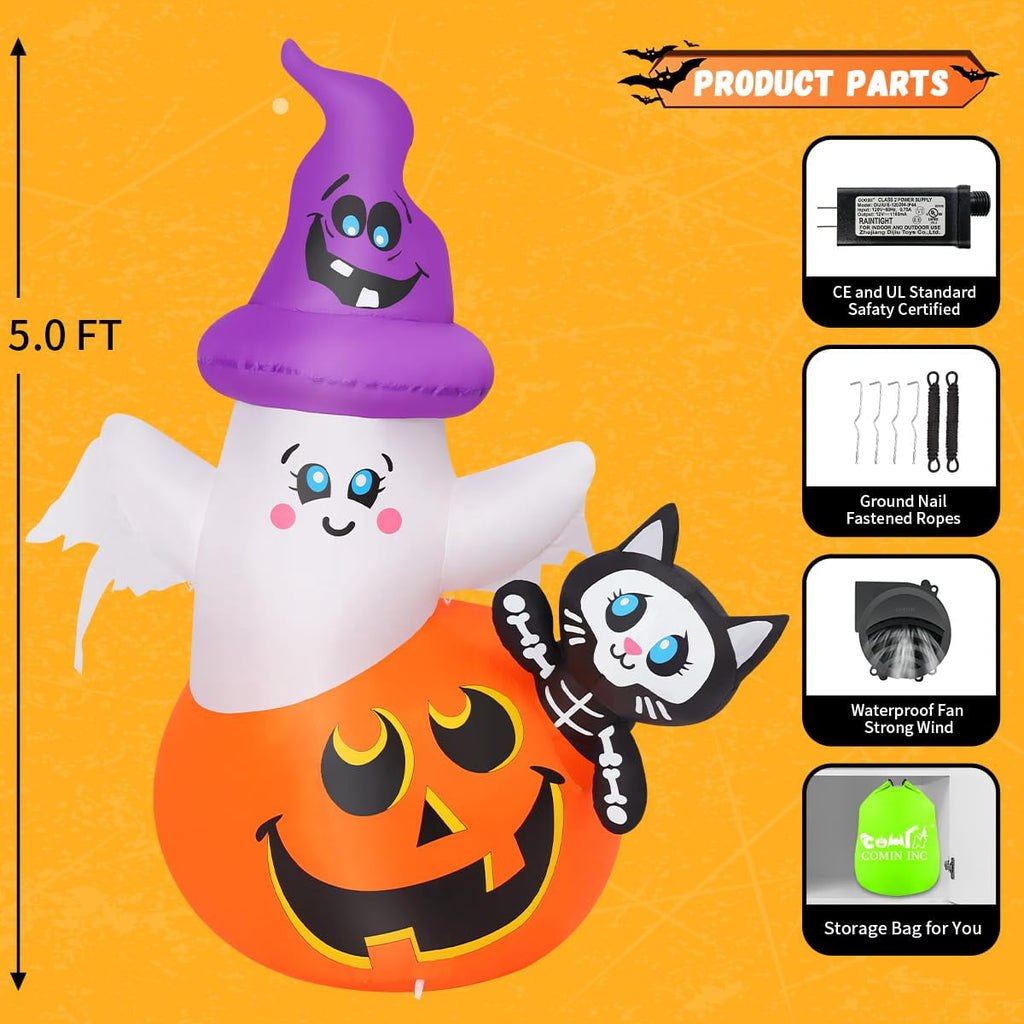 Haunt & Co COMIN 5 FT Halloween Inflatables Pumpkin Ghost Cat Outdoor Decorations Blow Up Yard with Built-in LEDs