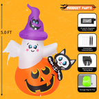 Haunt & Co COMIN 5 FT Halloween Inflatables Pumpkin Ghost Cat Outdoor Decorations Blow Up Yard with Built-in LEDs